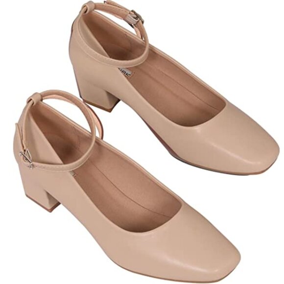 Shoes - Chunky Low Block Heel Women's Dress Shoes Square Toe Ankle Buckle Pumps